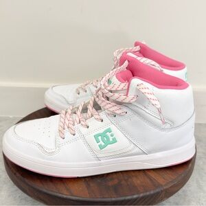 DC Cure High-top sneakers in the white, pink, and turquoise colorway 9.5
